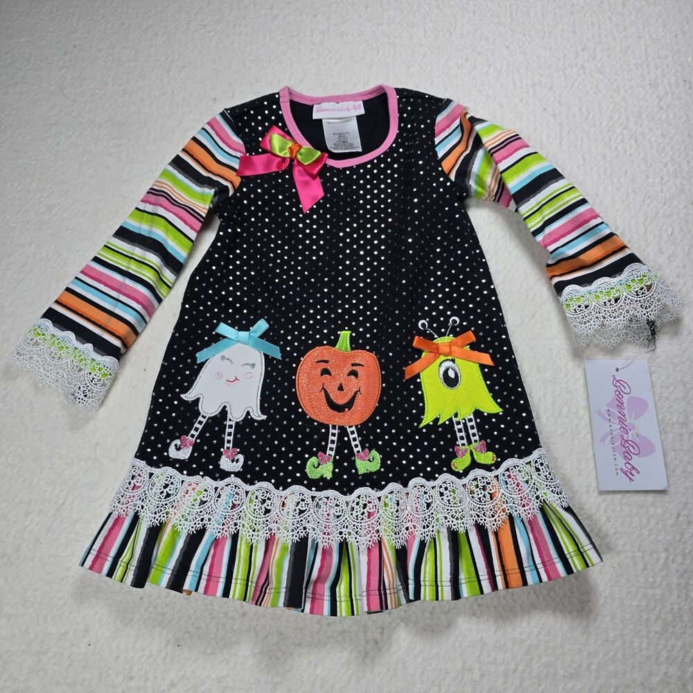 NWT Bonnie Baby Girls Halloween Applique Embroidered Dress 18 Mo Ghost Pumpkins